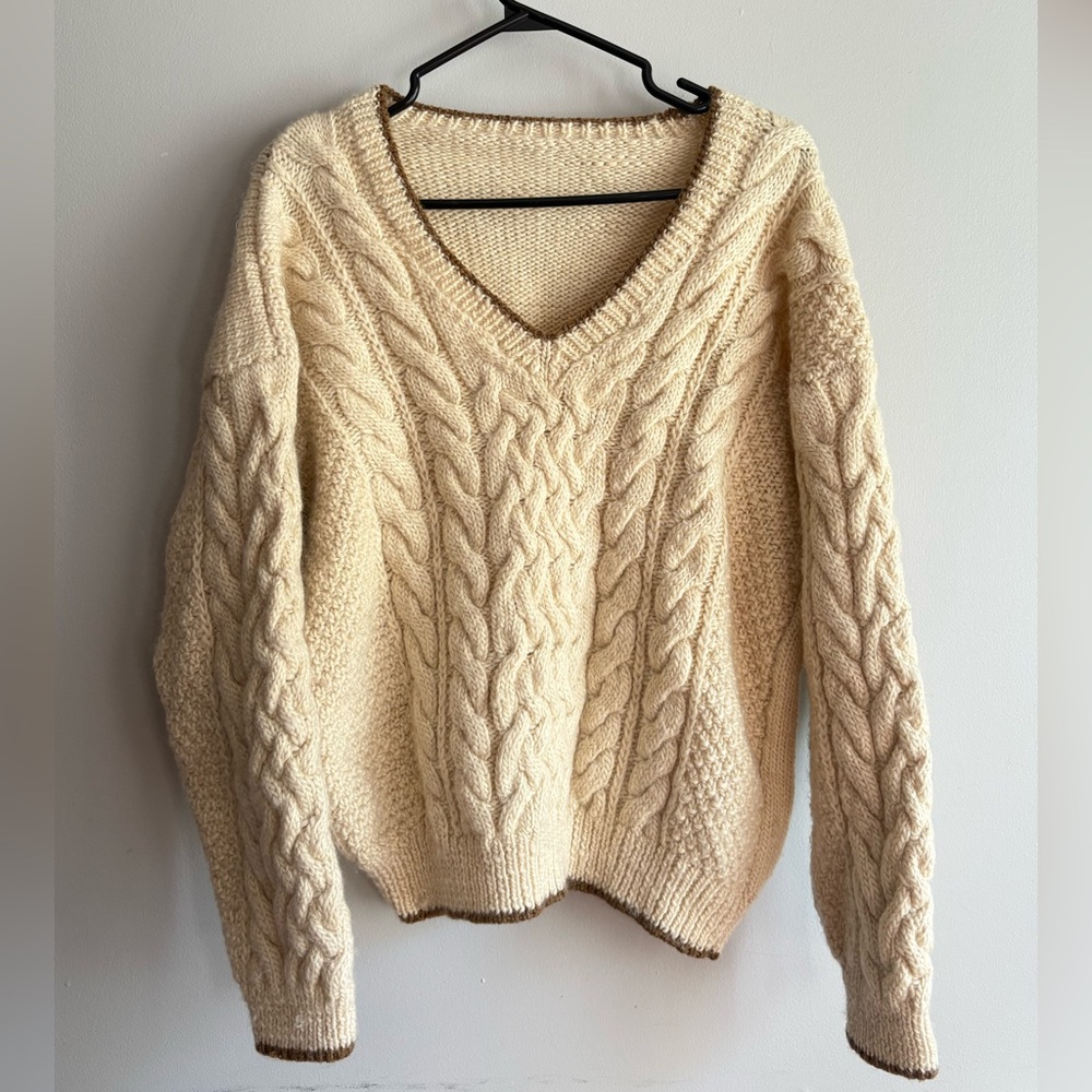 Vintage Hand Knit Chunky Cream Cable Knit 100% Wool Sweater With Brown Trims